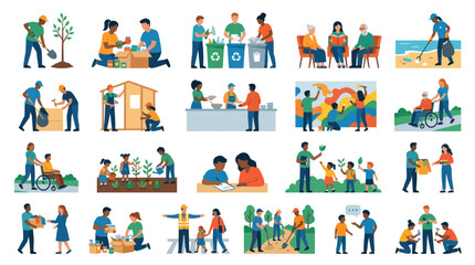 Obraz premium Flat Illustration of Diverse People Helping Community, Volunteering, and Recycling
