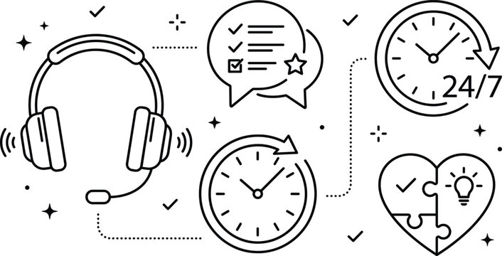 Customer support service line concept featuring headphones headset twenty four seven assistance clock puzzle heart feedback bubble symbols