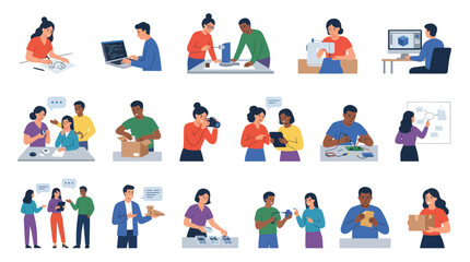 Fototapeta premium Flat Vector Illustration Set: Diverse People Working, Learning Collaborating in Modern Professional Settings