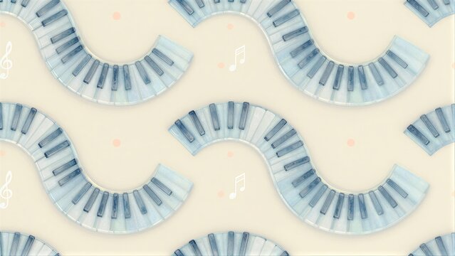 Blue piano keys curve in a pattern with musical notes floating nearby.