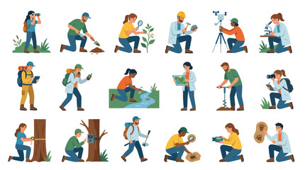 Fototapeta premium Environmental Science Fieldwork Flat Illustration Set: Ecologists and Researchers Studying Nature Outdoors