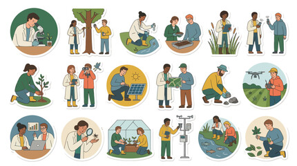 Fototapeta premium Science and Nature Education Stickers: Diverse People in Lab Coats Outdoors