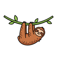 Fototapeta premium Cute cartoon sloth hanging from a tree branch.