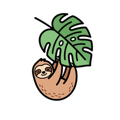 Fototapeta premium Cute sloth hanging from green monstera leaf stem