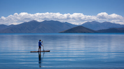 Naklejka premium Solo paddleboarder on calm lake with distant mountains and clear sky for serene wallpaper and travel background design