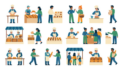Fototapeta premium Flat Style Bakery Bread Shop Activities: People Baking, Selling, and Buying Pastries