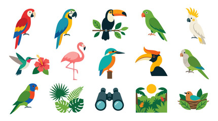 Fototapeta premium Flat Vector Tropical Birds Icon Set with Parrots, Toucan, Flamingo, Hummingbird for Wildlife Nature