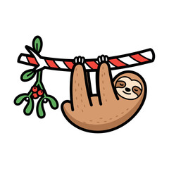 Fototapeta premium Sloth hanging from candy cane with mistletoe.