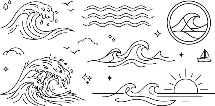 Ocean Wave Sea Surf Sunset and Nautical Marine Nature Elements Vector Line Art Set