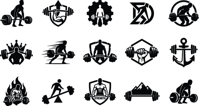 Set of gym and fitness training vector logos with athletic human figures and barbell equipment.
