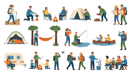 Fototapeta premium Flat Illustration of People Enjoying Camping Activities, Outdoor Recreation, Vector Art