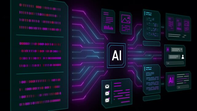 Animated purple and cyan digital interface showing artificial intelligence circuit data processing for tech concepts.