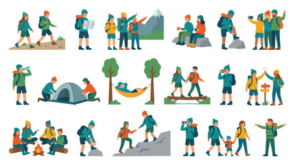 Fototapeta premium Flat Style Illustration of People Hiking and Camping in Mountains
