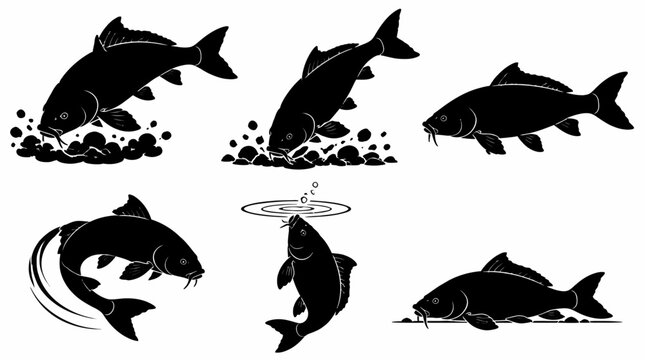 Carp Fish Silhouettes Set Jumping and Swimming in Water