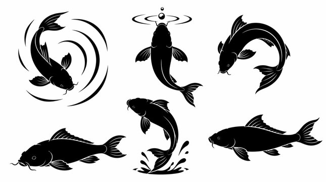 Koi Fish Silhouette Set in Various Poses for Aquatic Design