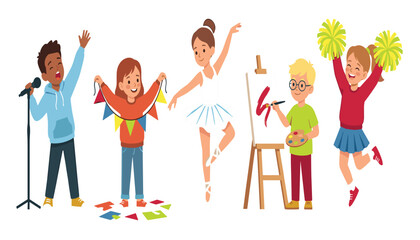 Fototapeta premium Happy diverse kids enjoying creative hobbies vector illustration featuring children singing dancing painting cheering and crafting together in art class
