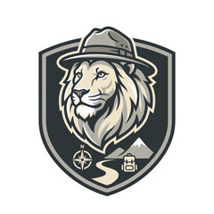Obraz premium Lion Explorer Mascot Emblem with Compass and Safari Hat