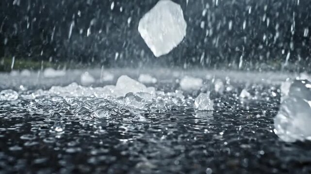 Large Hailstones Splashing on Wet Asphalt During Storm