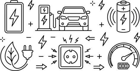 Fototapeta premium Electric vehicle car charging station battery plug socket eco leaf green energy power lightning thin line vector icons
