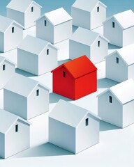 Naklejka premium Red house standing out in a white neighborhood conveys real estate choice and property uniqueness