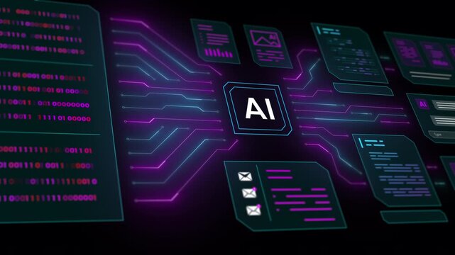 Neon blue and purple digital interface displaying multiple AI server infrastructure data nodes for tech video overlays.