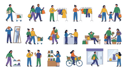 Fototapeta premium Diverse Flat Design Vector Illustrations of People Engaging in Shopping and Retail Activities