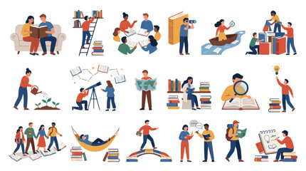 Fototapeta premium Education and Learning Flat Design Vector Illustrations. People Studying, Reading, and Personal Growth.