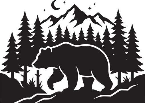 Vintage bear silhouette vector, mountain forest landscape illustration, rustic wilderness outdoor scene, black and white nature logo