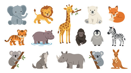 Obraz premium Cute Cartoon Wild Animals Vector Set for Children's Nature Education Illustrations