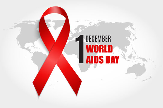 Red ribbon awareness symbol with world map and world aids day text for global health