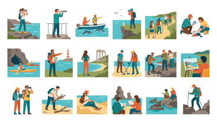 Fototapeta premium Outdoor Recreation and Travel Activities Flat Vector Illustration Set: People Enjoying Nature Hobbies