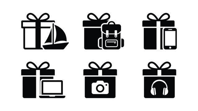Gift Box Icons Featuring Sailboat Backpack Smartphone Laptop Camera And Headphones On White present