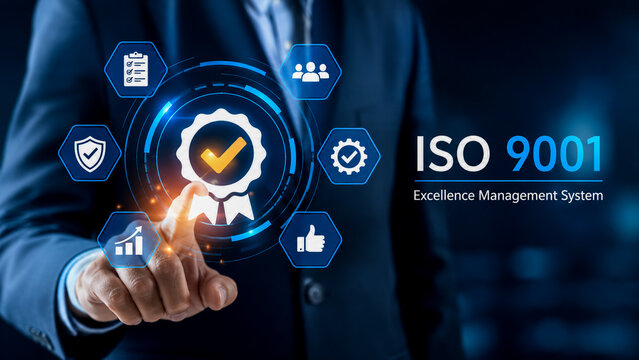 Quality certification and iso 9001 excellence management system concept illustration.