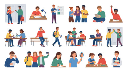 Fototapeta premium Flat Vector Illustration Set: Diverse Students Young Adults Learning, Studying, Socializing in Educational Settings