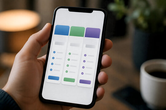 Hand holding smartphone displaying three colorful subscription pricing plans