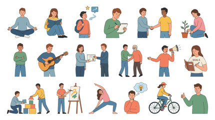 Fototapeta premium Flat Line Art Illustrations of Diverse People in Lifestyle, Personal Growth, Business Daily Activities