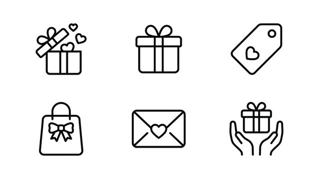 Gift envelope and shopping bag line icons set against a white background minimalist design