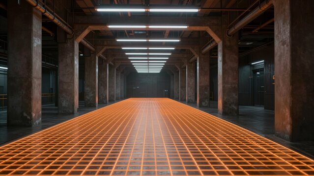 A dark sci-fi industrial space with a glowing orange grid floor, concrete pillars, and overhead linear lights creating a high-tech atmosphere.