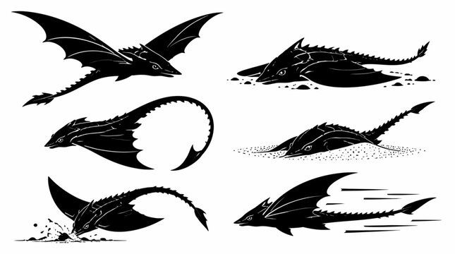 Fantasy stingray dragon silhouettes collection, mythical creature art