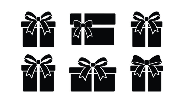 Gift box silhouettes with bows a set of six black shapes on a white background