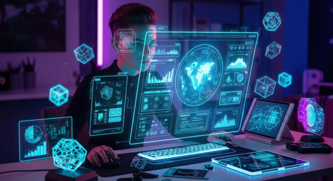 Futuristic Designer Working On Holographic Interface With Data Visualizations