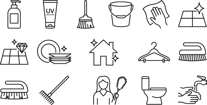 Household cleaning and sanitation line icon set featuring domestic maid service laundry hygiene skincare and house maintenance symbols