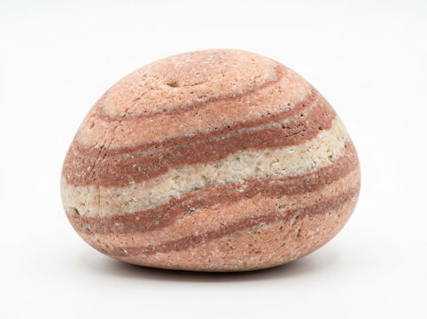 Single smooth round pebble stone with natural brown and beige striped pattern isolated on a clean white background isolated on white background