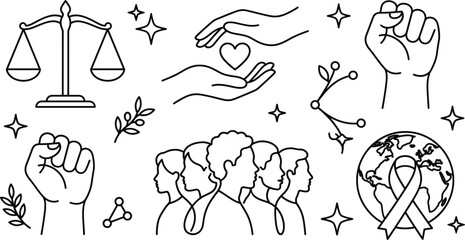 Human rights equality justice scale fist protest peace community diversity ribbon global freedom thin line vector icons © MD