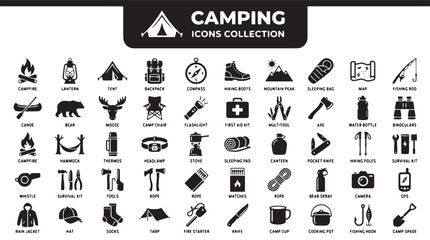 Fototapeta premium Camping icons collection, outdoor adventure symbols, black vector graphics, 40 camping signs