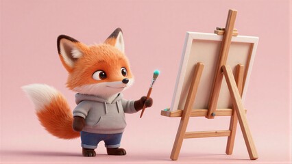 Fototapeta premium Adorable fox artist holds brush, ready to paint on easel against soft pink backdrop.