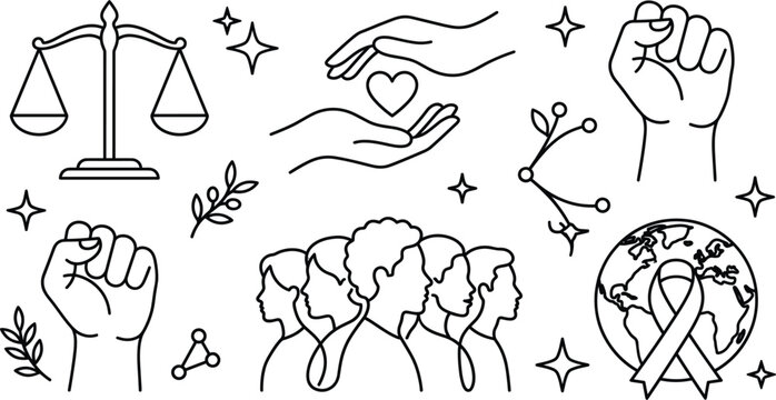 Human rights equality justice scale fist protest peace community diversity ribbon global freedom thin line vector icons