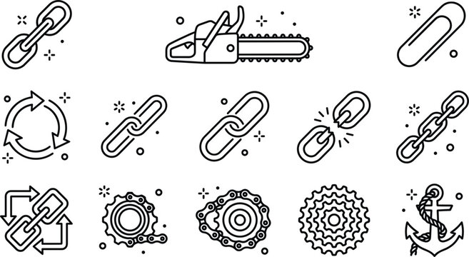 Industrial chain and link line icon set featuring chainsaw metal anchor paperclip broken connection bicycle roller gears sprockets