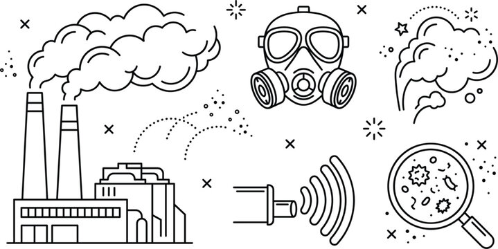 Industrial air pollution vector icon set featuring factory smoke stacks gas mask chemical emissions toxic waste quality monitoring