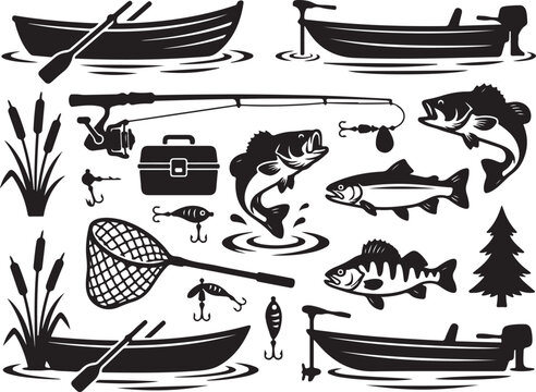 Fishing icons, black and white vector graphics, fishing boat illustrations, fishing gear clipart